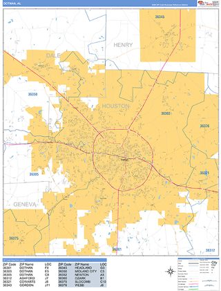 Dothan, AL ZIP Code wall map in the Business Reference Style