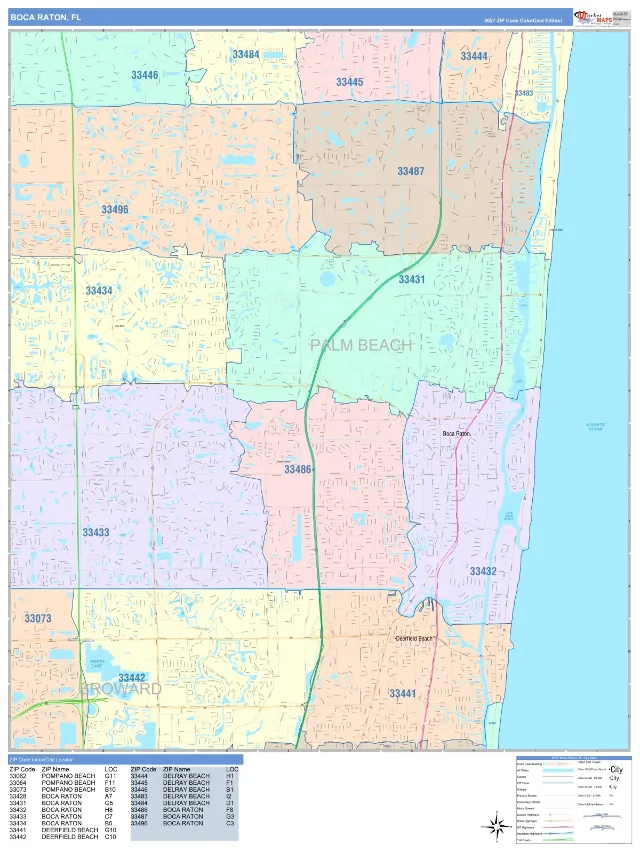 Boca Raton, FL ZIP Code Wall Map, ColorCast style
