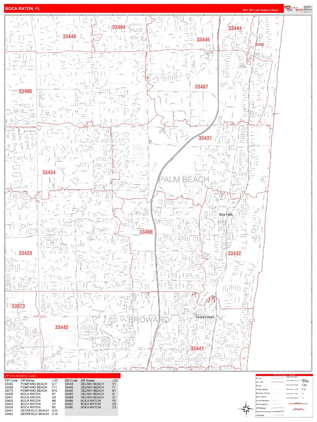 Boca Raton, FL ZIP Code Wall Map, RedLine style