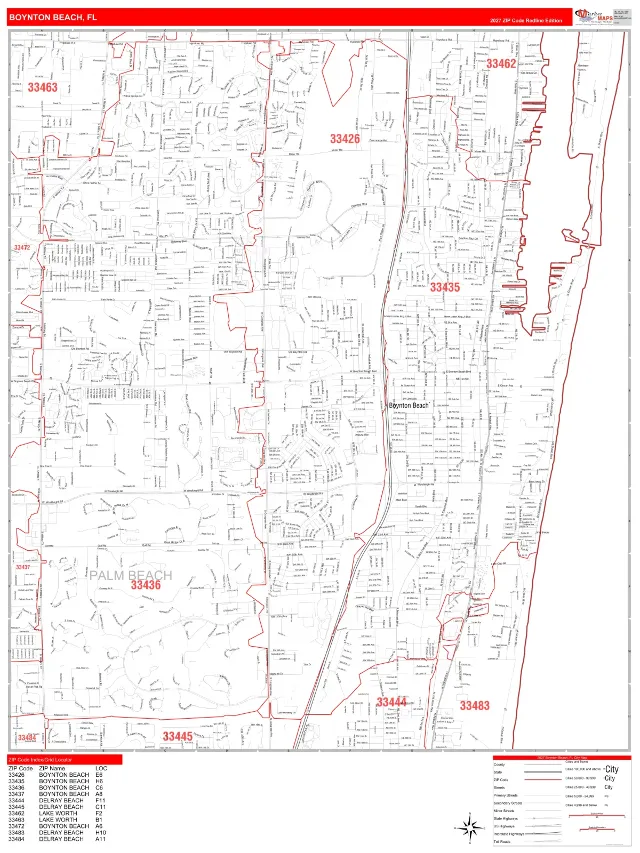 Boynton Beach, FL ZIP Code Wall Map, RedLine style