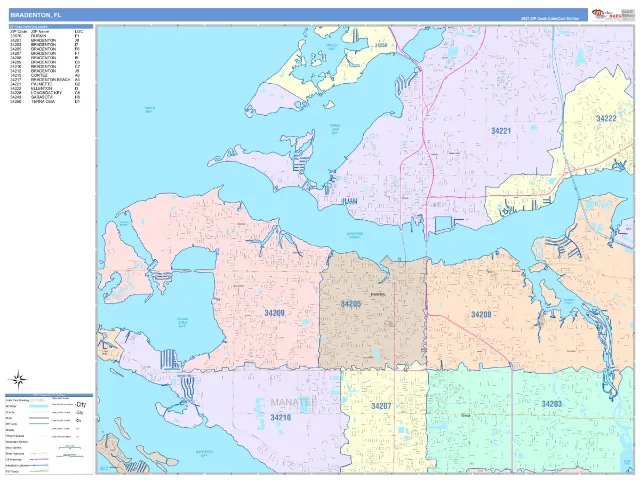 Bradenton, FL ZIP Code Wall Map, ColorCast style