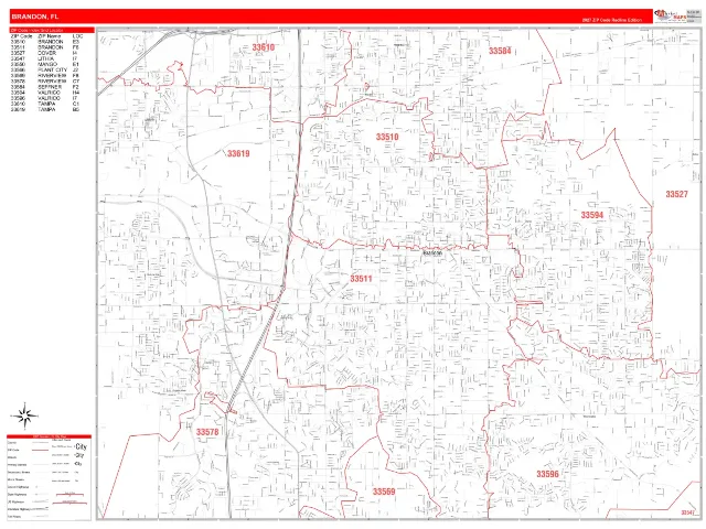 Brandon, FL ZIP Code Wall Map, RedLine style