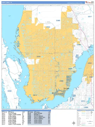Cape Coral, FL Business Reference style ZIP Code wall map