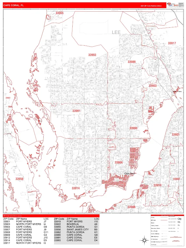 Cape Coral, FL ZIP Code Wall Map, RedLine style