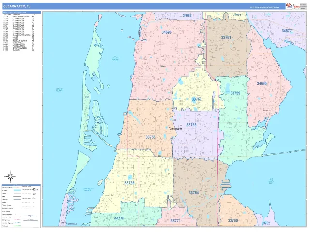 Clearwater, FL ZIP Code Wall Map, ColorCast style