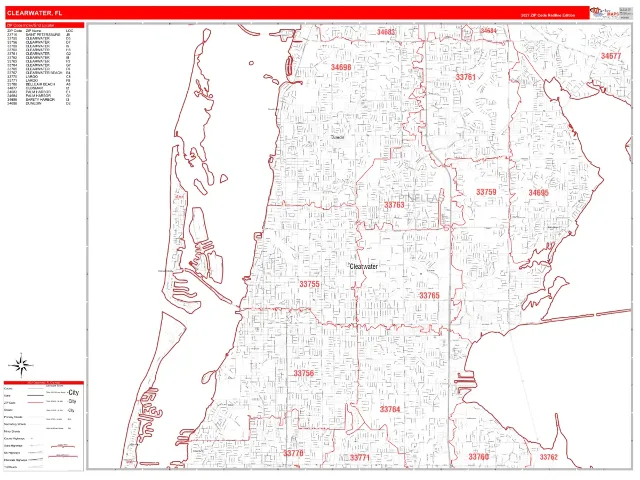 Clearwater, FL ZIP Code Wall Map, RedLine style