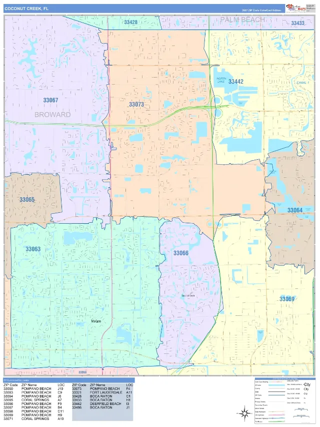 Coconut Creek, FL ZIP Code Wall Map, ColorCast style