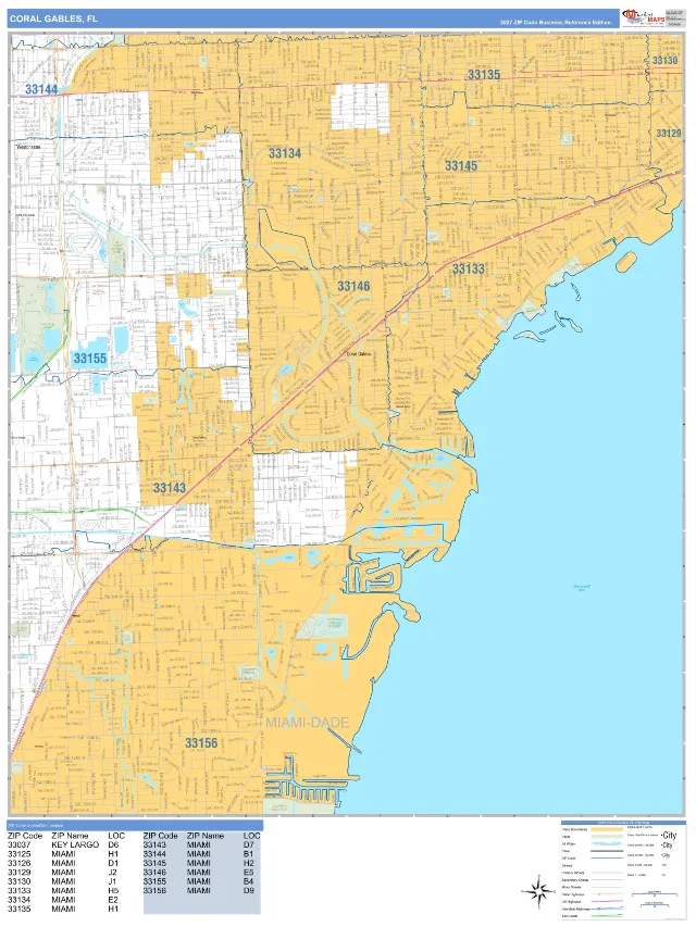 Coral Gables, FL ZIP Code Wall Map, Business Reference style