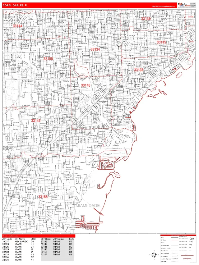 Coral Gables, FL ZIP Code Wall Map, RedLine style