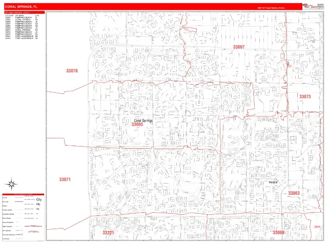 Coral Springs, FL ZIP Code Wall Map, RedLine style