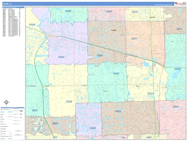 Davie, FL ZIP Code Wall Map, ColorCast style
