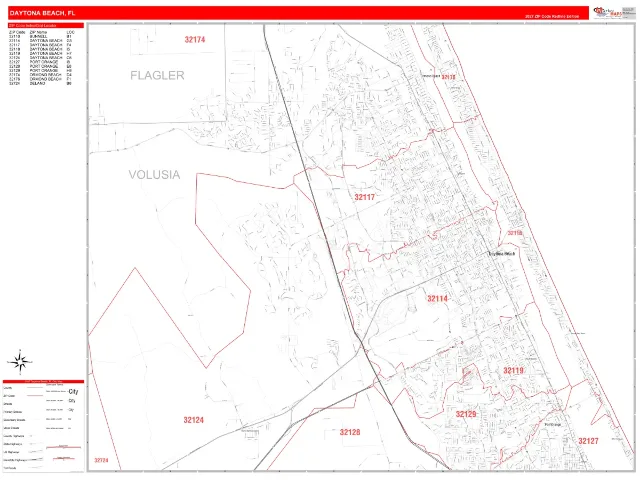 Daytona Beach, FL ZIP Code Wall Map, RedLine style