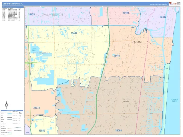 Deerfield Beach, FL ZIP Code Wall Map, ColorCast style