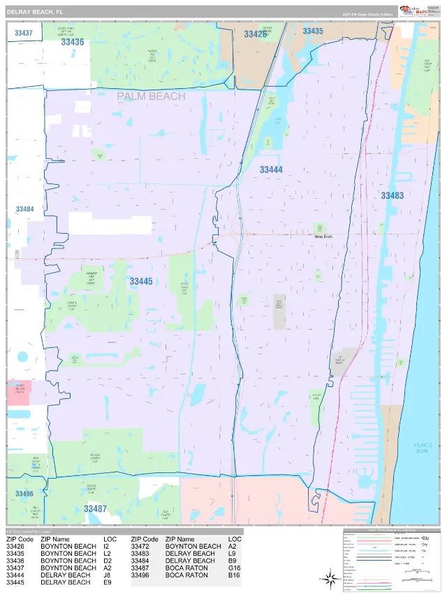 Delray Beach, FL ZIP Code Wall Map, Classic style