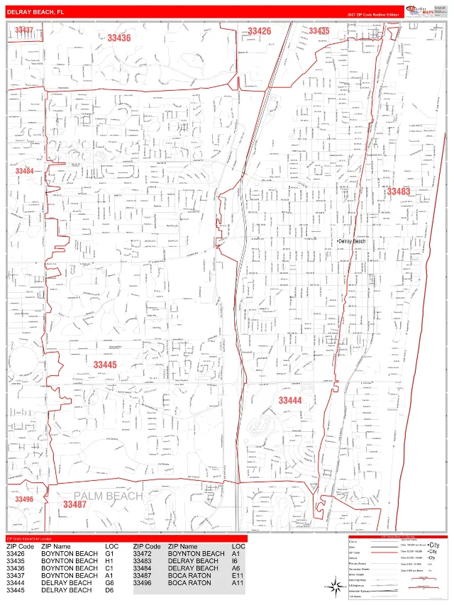 Delray Beach, FL ZIP Code Wall Map, RedLine style