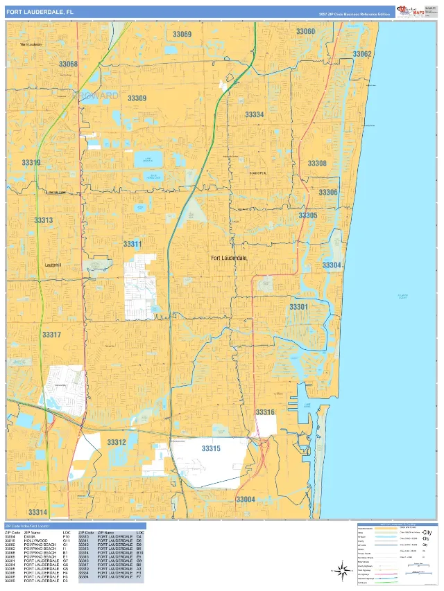 Fort Lauderdale, FL ZIP Code Wall Map, Business Reference style