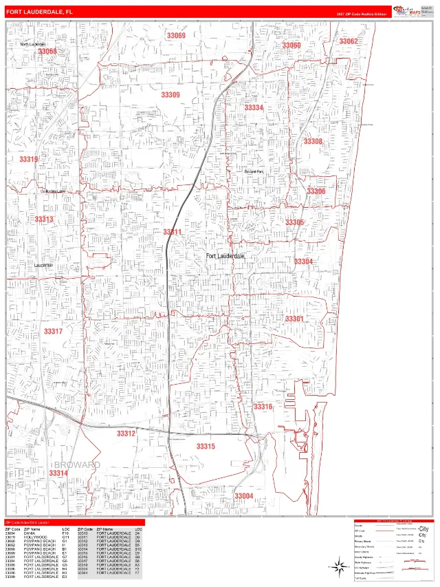 Fort Lauderdale, FL ZIP Code Wall Map, RedLine style