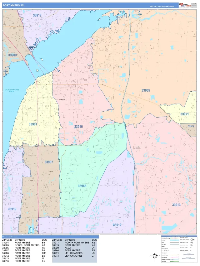 Fort Myers, FL ZIP Code Wall Map, ColorCast style