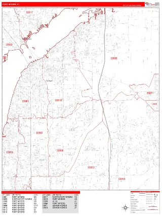 Fort Myers, FL RedLine style ZIP Code wall map