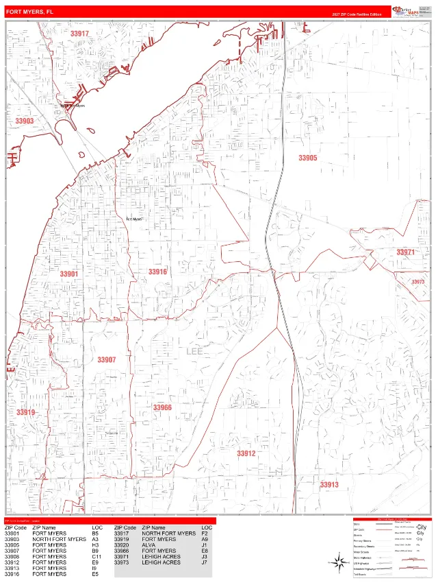 Fort Myers, FL ZIP Code Wall Map, RedLine style