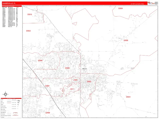 Gainesville, FL ZIP Code Wall Map, RedLine style