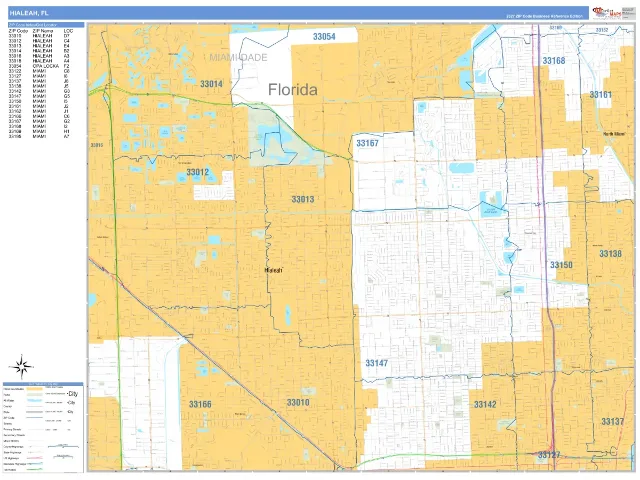 Hialeah, FL ZIP Code Wall Map, Business Reference style