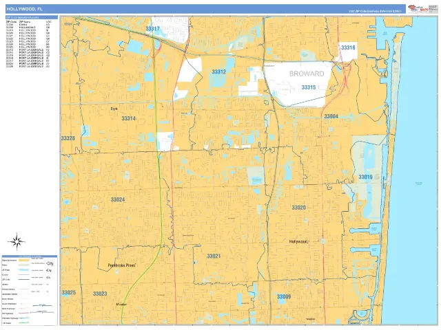 Hollywood, FL ZIP Code Wall Map, Business Reference style