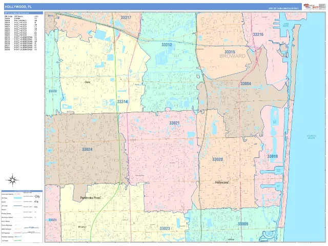 Hollywood, FL ZIP Code Wall Map, ColorCast style