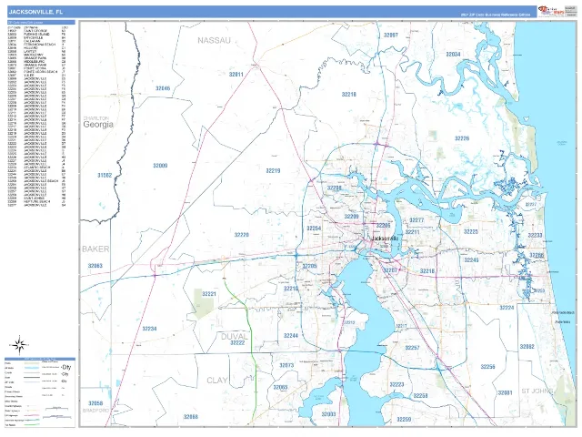 Jacksonville, FL ZIP Code Wall Map, Business Reference style