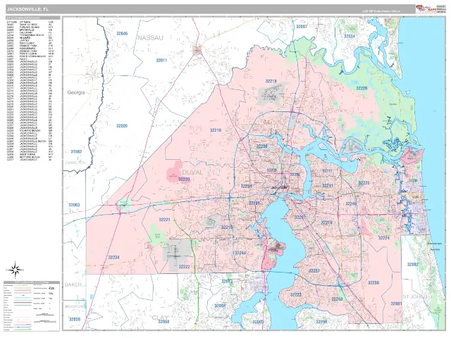 Jacksonville, FL ZIP Code Wall Map, Classic style