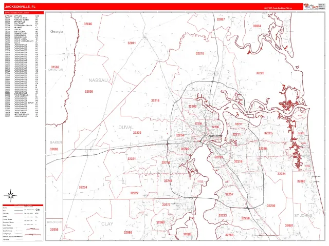 Jacksonville, FL ZIP Code Wall Map, RedLine style