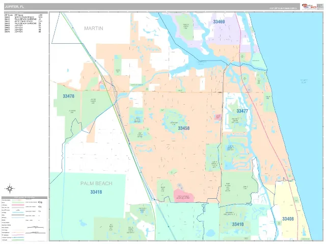 Jupiter, FL ZIP Code Wall Map, Classic style