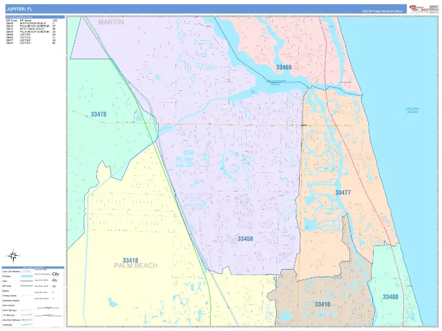 Jupiter, FL ZIP Code Wall Map, ColorCast style