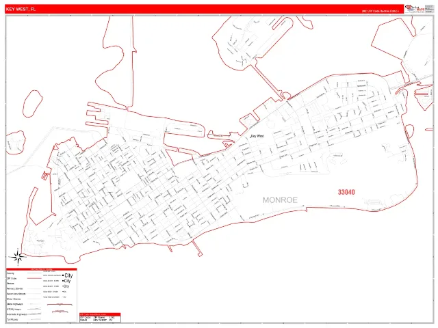 Key West, FL ZIP Code Wall Map, RedLine style