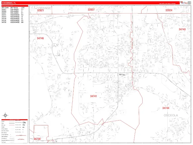 Kissimmee, FL ZIP Code Wall Map, RedLine style