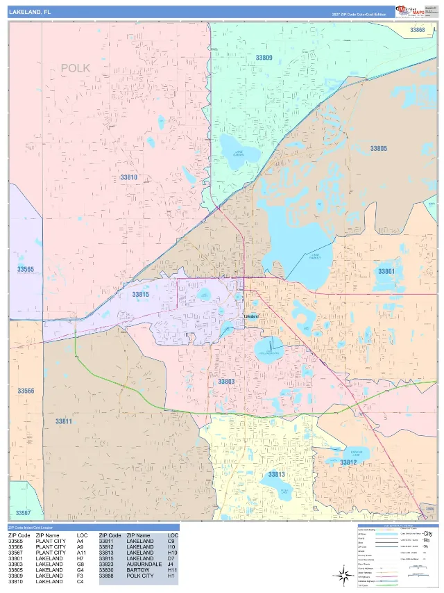 Lakeland, FL ZIP Code Wall Map, ColorCast style