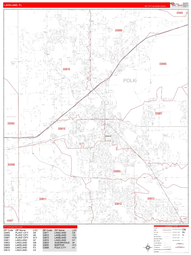Lakeland, FL ZIP Code Wall Map, RedLine style