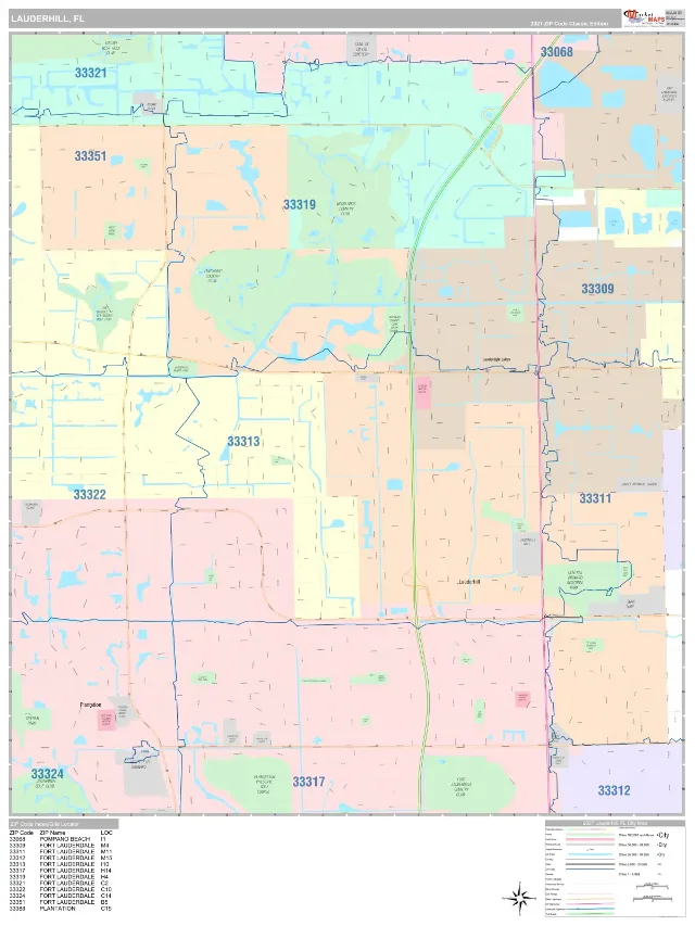 Lauderhill, FL ZIP Code Wall Map, Classic style