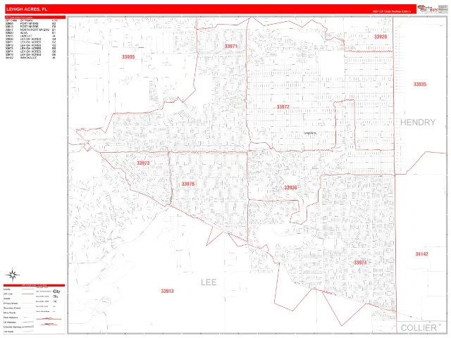 Lehigh Acres, FL ZIP Code Wall Map, RedLine style