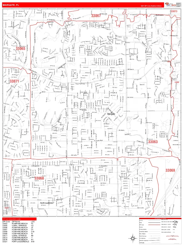 Margate, FL ZIP Code Wall Map, RedLine style