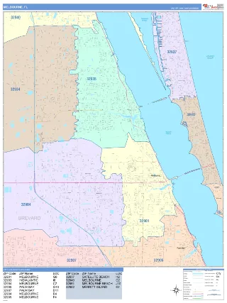 Melbourne, FL ColorCast style ZIP Code wall map