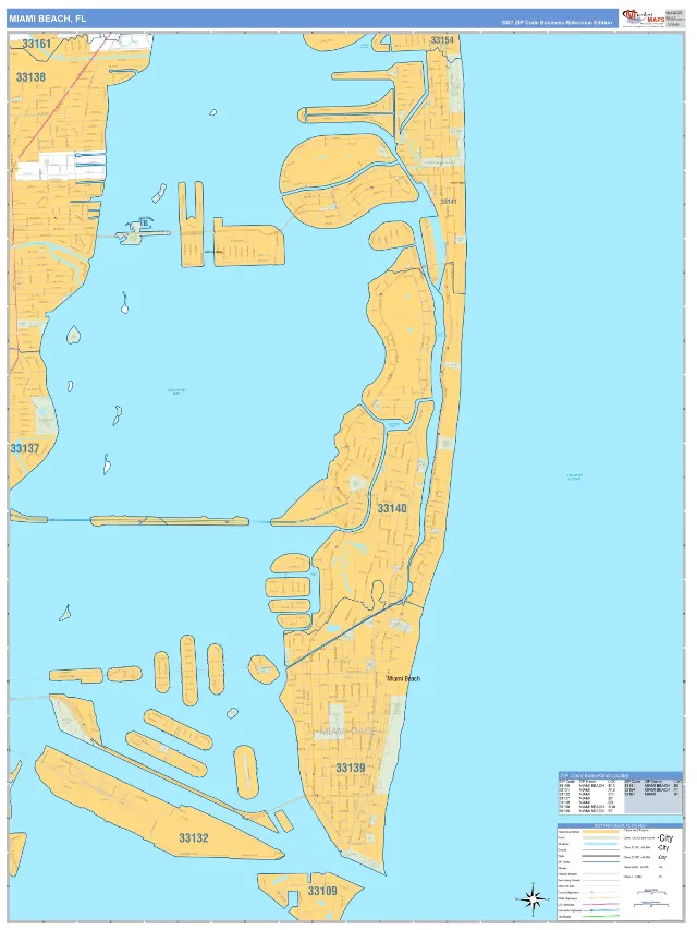 Miami Beach, FL ZIP Code Wall Map, Business Reference style