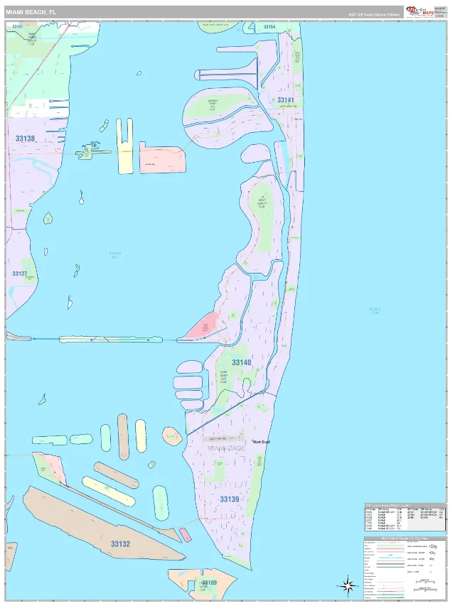 Miami Beach, FL ZIP Code Wall Map, Classic style