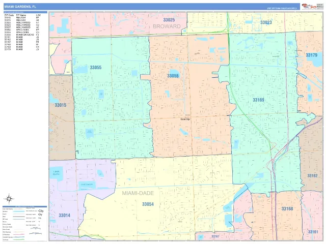 Miami Gardens, FL ZIP Code Wall Map, ColorCast style