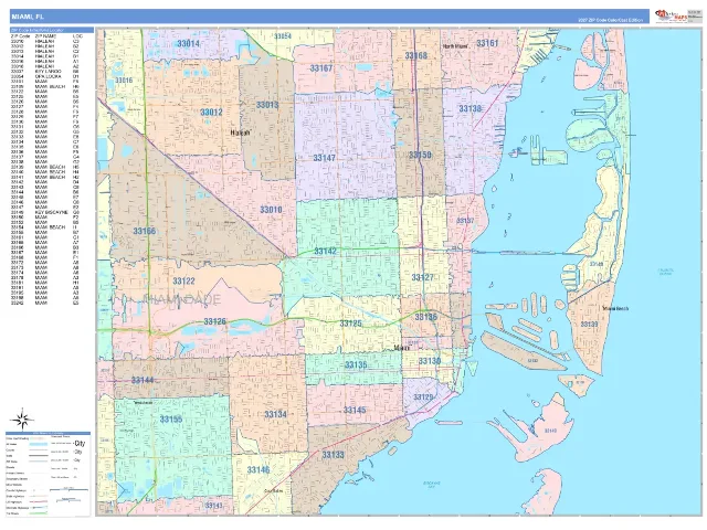 Miami, FL ZIP Code Wall Map, ColorCast style