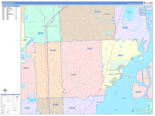 North Miami, FL ZIP Code Wall Map, ColorCast style