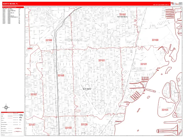 North Miami, FL ZIP Code Wall Map, RedLine style