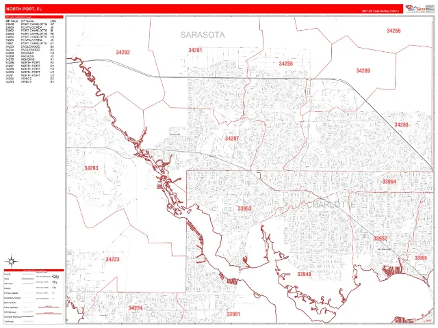 North Port, FL ZIP Code Wall Map, RedLine style