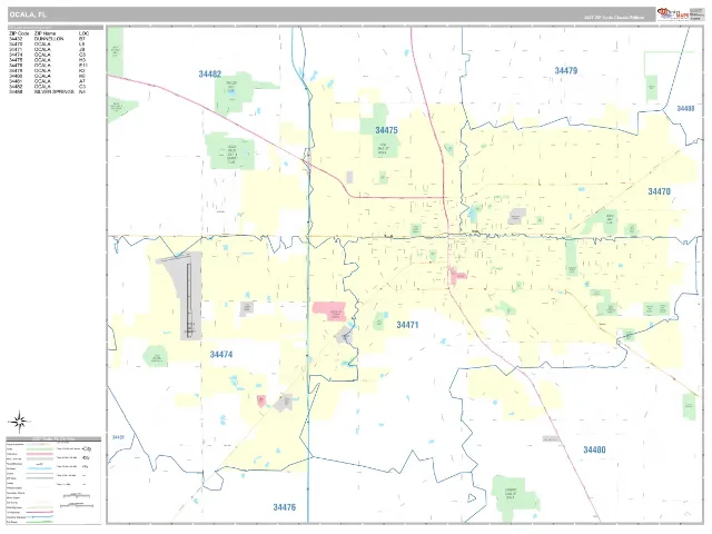 Ocala, FL ZIP Code Wall Map, Classic style