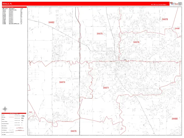 Ocala, FL ZIP Code Wall Map, RedLine style